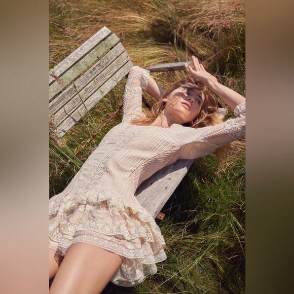 Loveshackfancy Cotton Lace Ruffles Mini Dress 3/4th Sleeves Floral Cream Size 6 - Picture 6 of 16